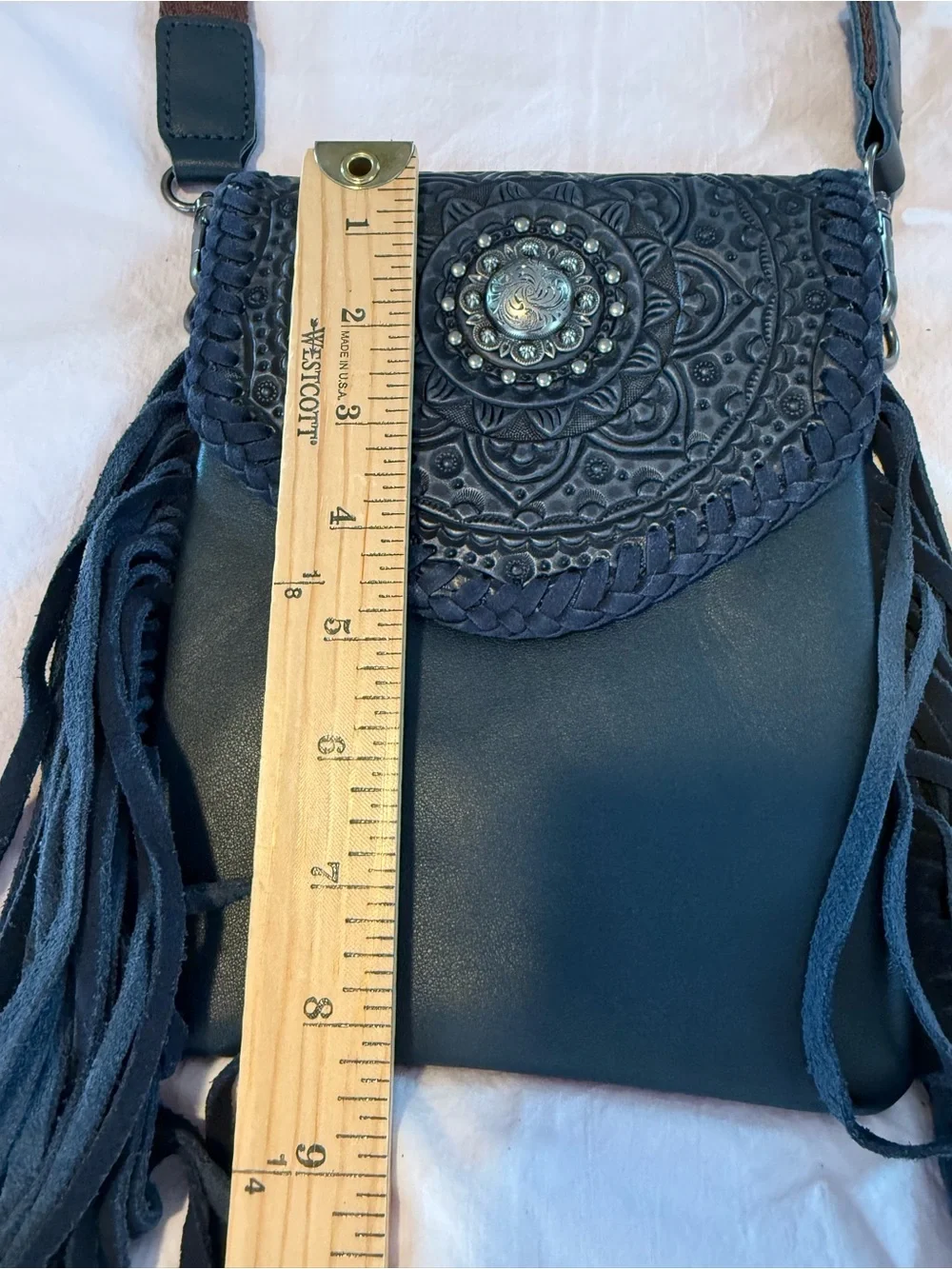 Montana West Navy Blue Genuine Leather Hand Tooled Mandala Fringe Crossbody Bag